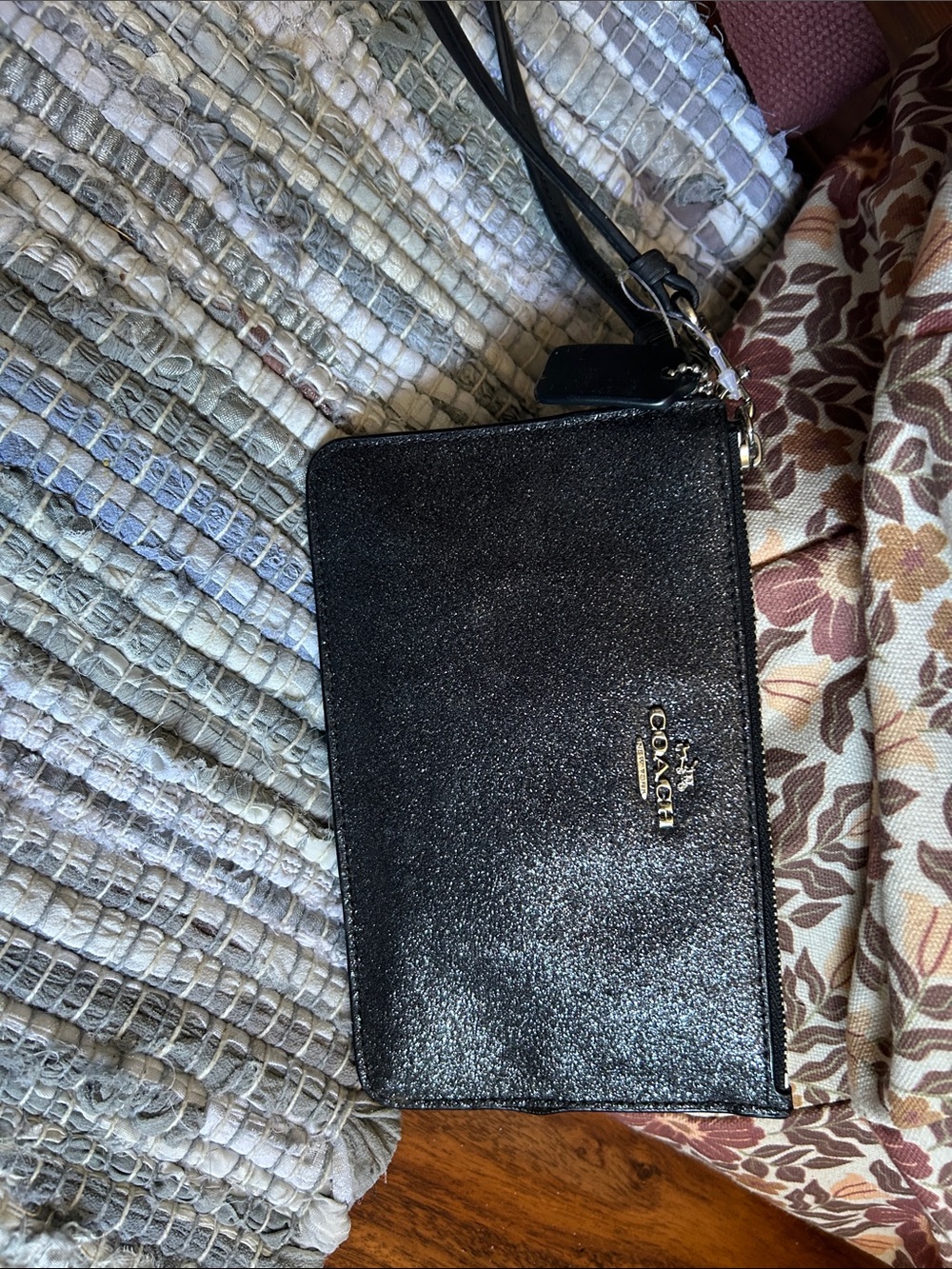 Coach Black Glitter Zip Wristlet with Gold Logo
